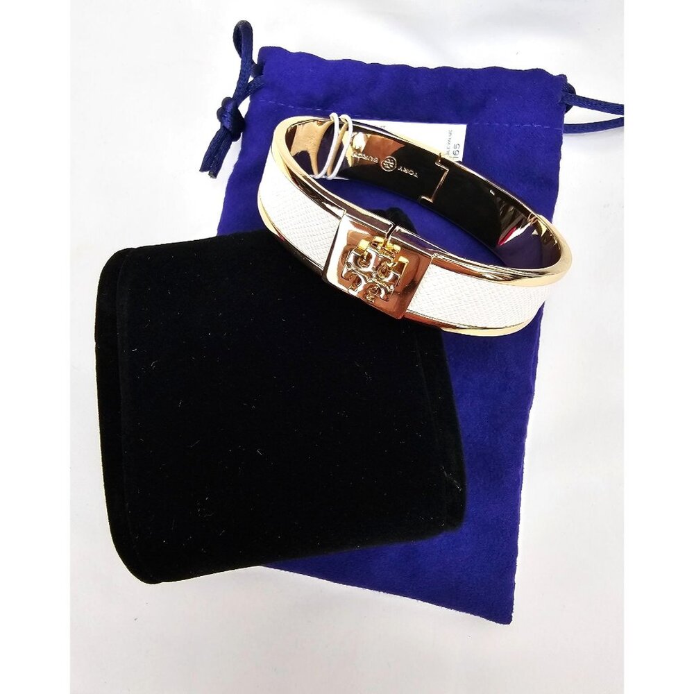 Tory Burch Kira Ivory White Leather Inlay Hinge Cuff Slim Gold Bracelet